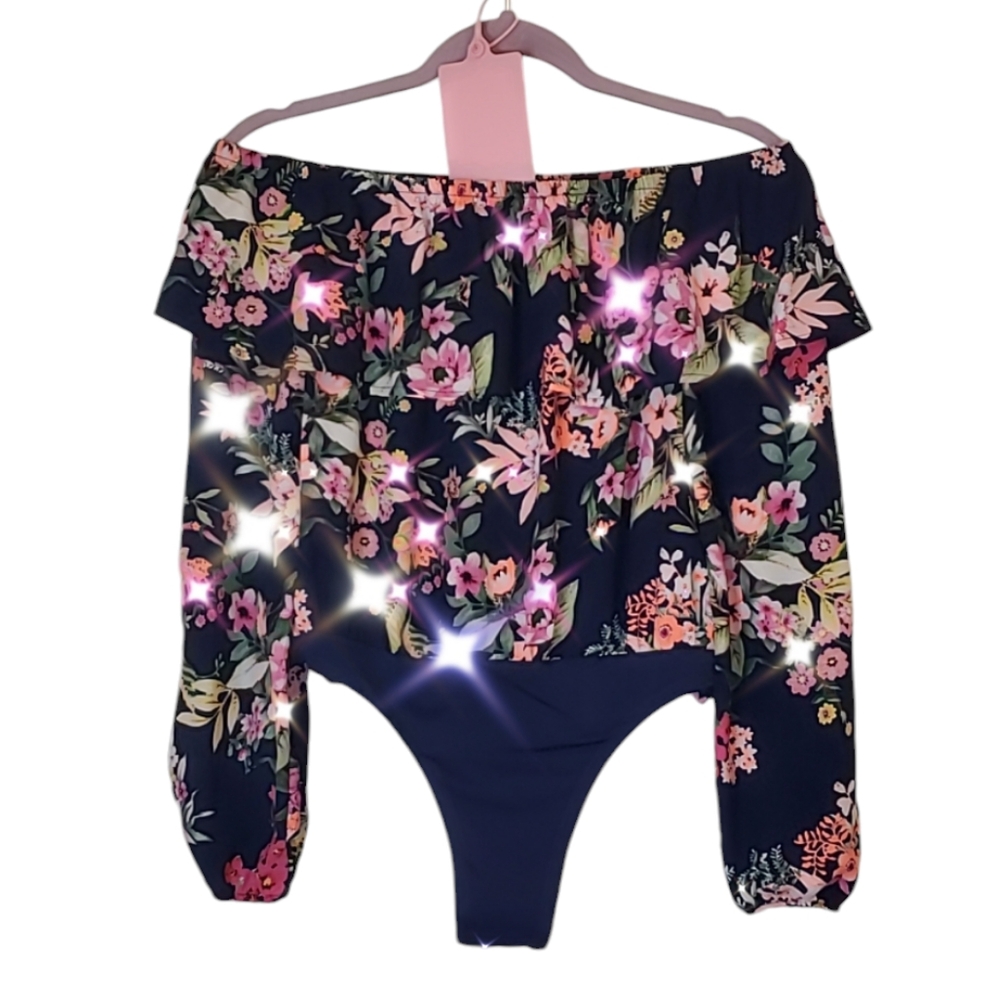 Off shoulder bodysuit navy floral print, small